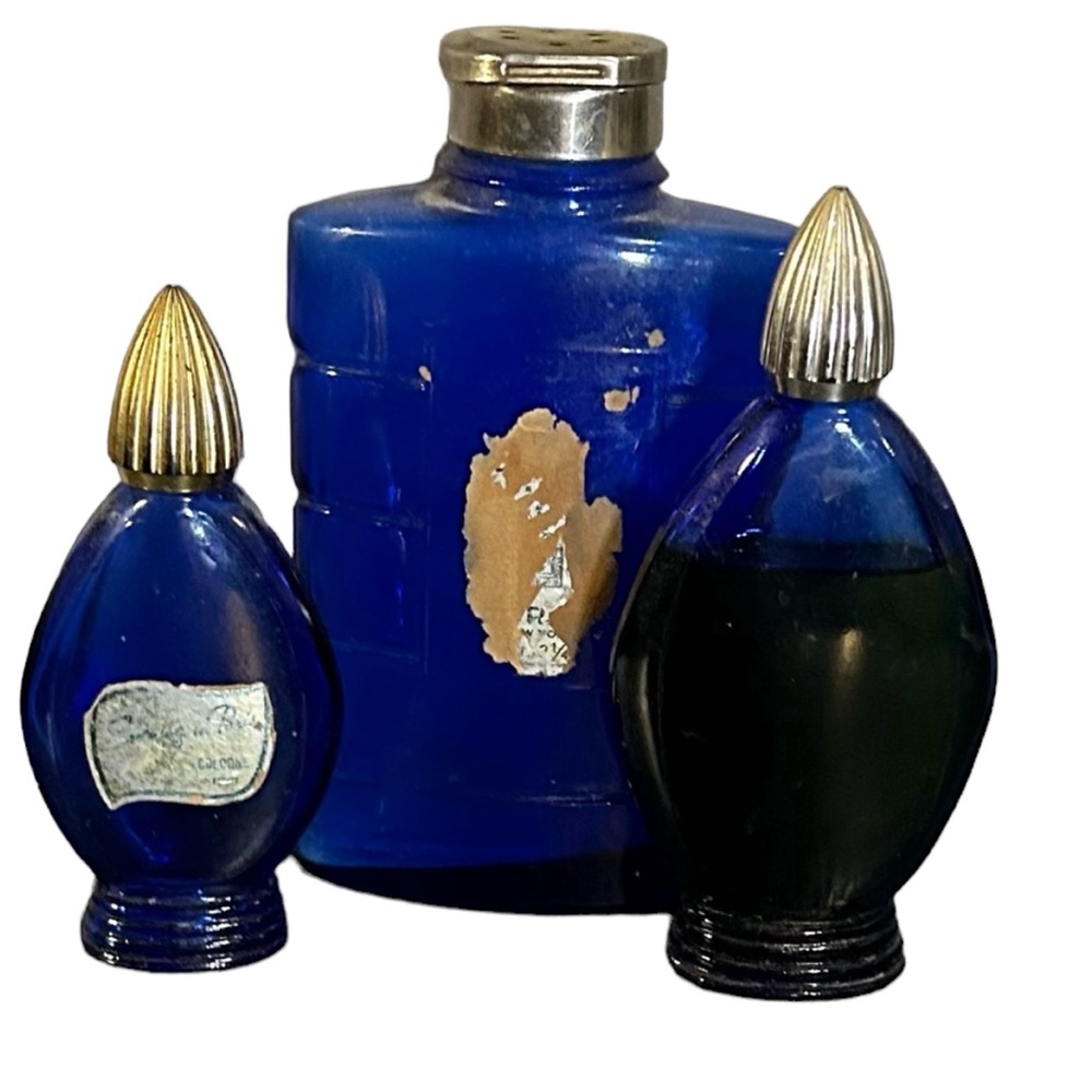 Vintage BOURJOIS cobalt blue vanity perfume bottles lot of 3 Evening In Paris
